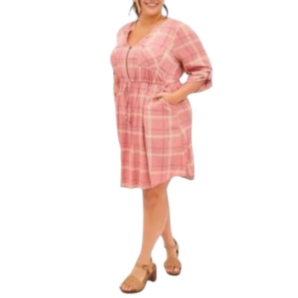 Plus-Size Pink Plaid Button-Front Dress